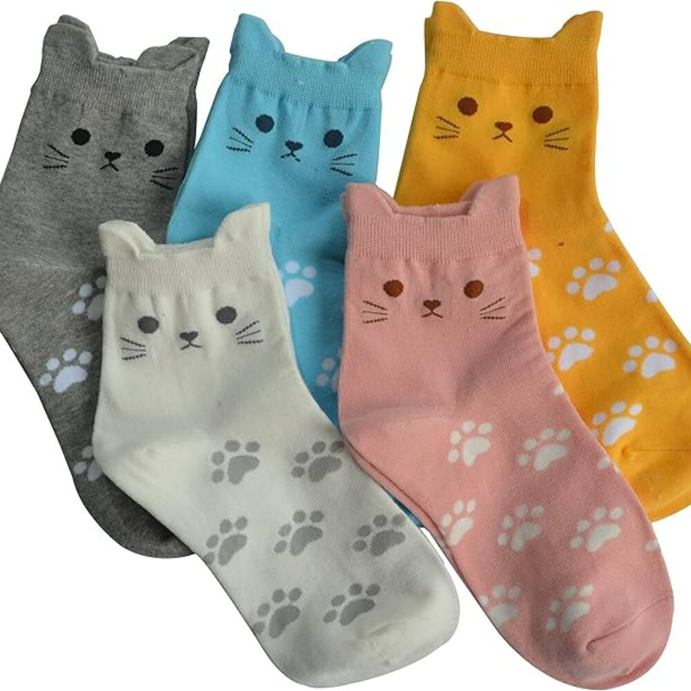 Cat Socks Colorful Cute Animal Design Patterned Women's Casual Cotton Socks 5 Pr